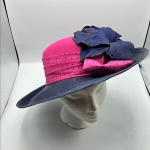 Whittall & Shon Chic Pink and Navy Polka Dot Wide-Brimmed 100% Straw Hat